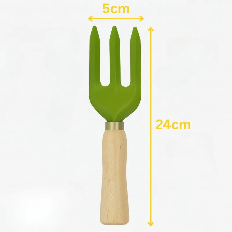 Green garden fork with wooden handle shown beside potted plants