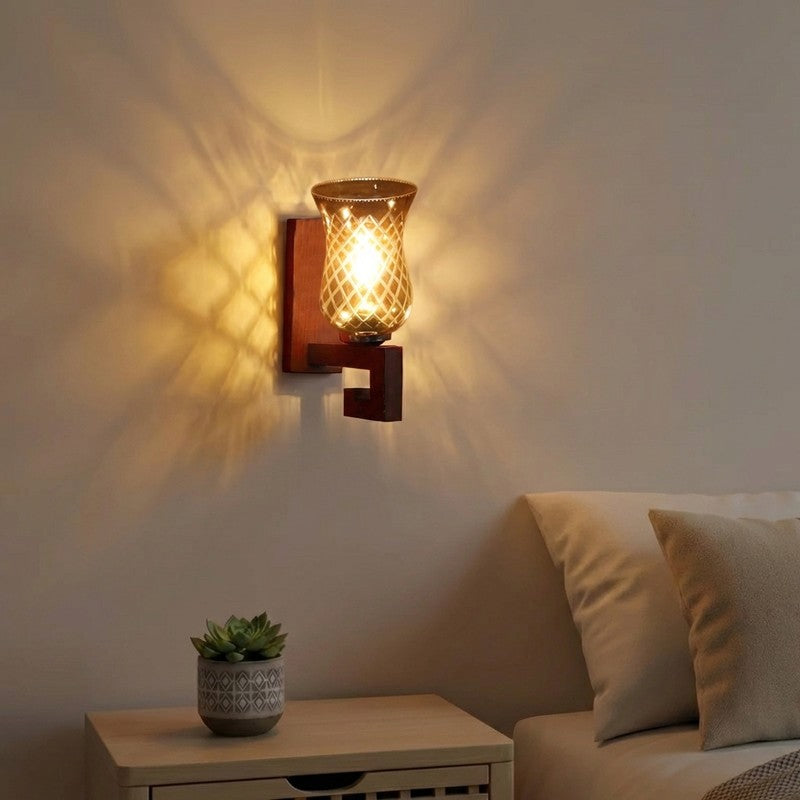 Honey Glow Decorative Wooden Base Glass Wall Lamp