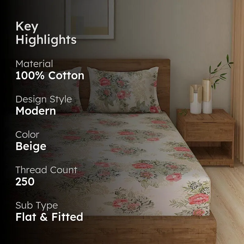 Cream floral bedsheet on a wooden bed with key highlights overlay