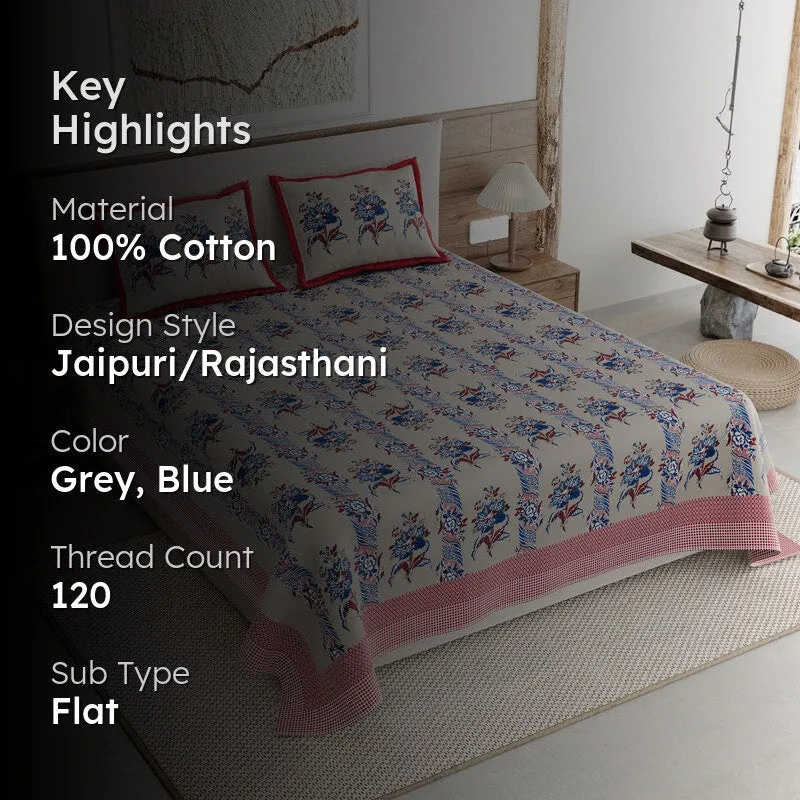 Rang Grace Cotton Bedsheet (Grey,Blue) - 120 TC media 2