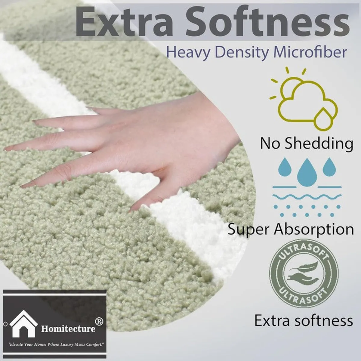 Close-up of the soft textured surface of the green and white striped bath mat