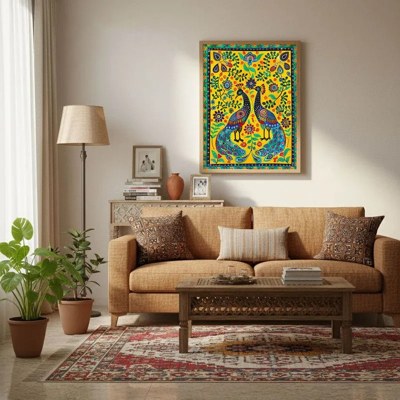 Colorful Peacock Folk Art Canvas Wall Painting With Brown Frame media 3