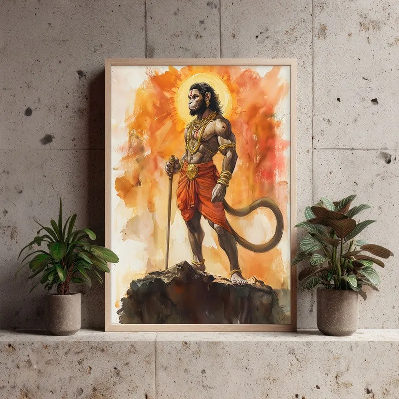 Anjaneya's Leap Spiritual Archival Paper Wall Painting - Natural Brown Frame media 3