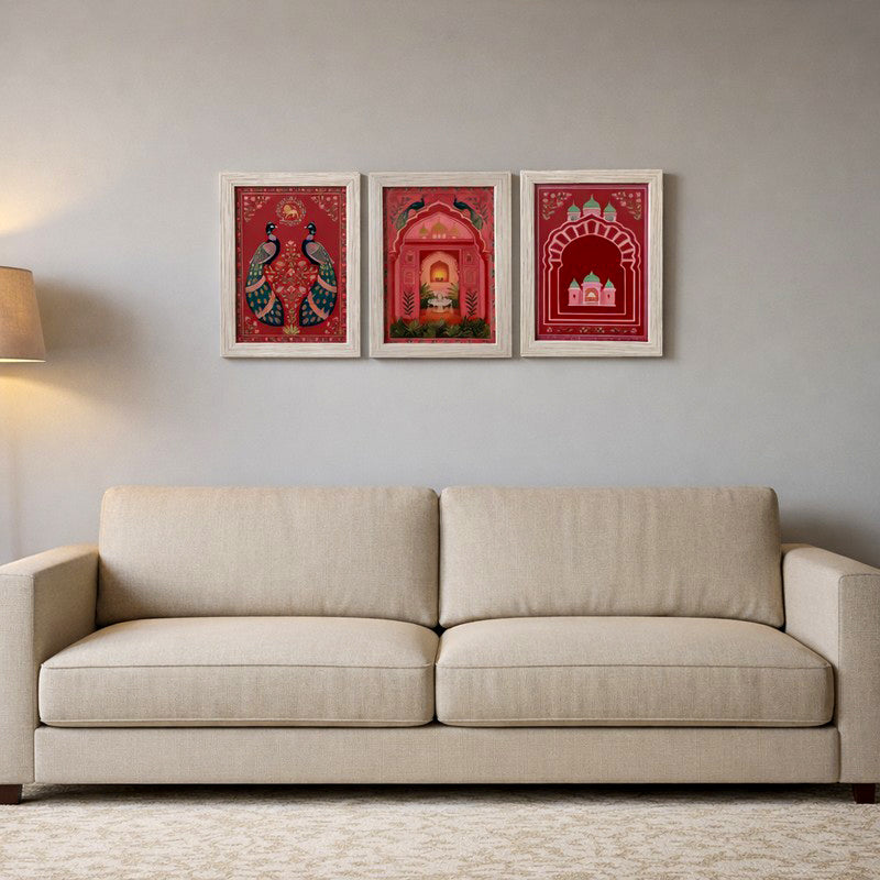 Majestic Mughal Motif Wall Paintinb With Frame - Set Of Three