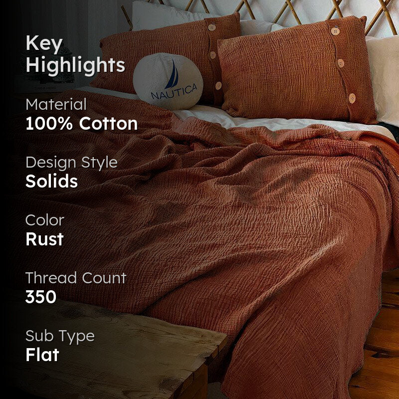 Nautica Champagne Whisper Solid Cotton Bedsheet (Rust Orange) - 350 TC media 2