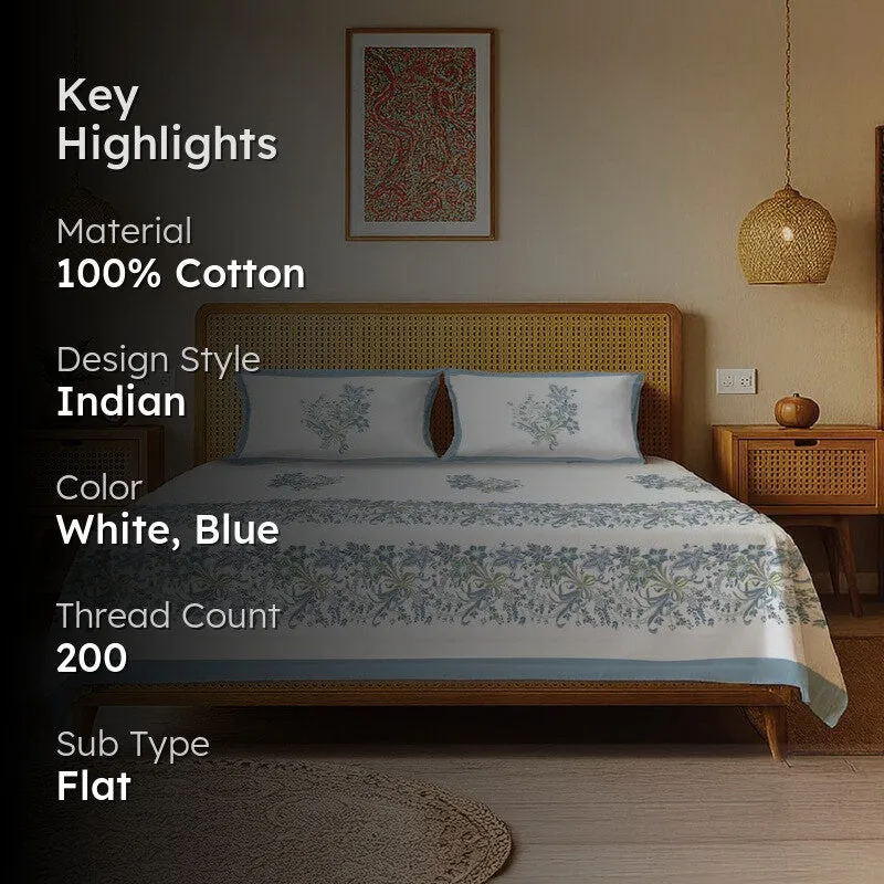 Blue and white floral bedsheet with product highlights overlay