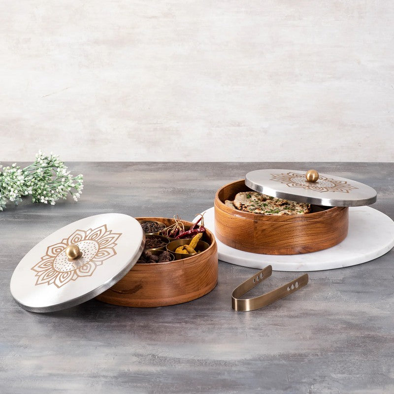 Grano Teak Wood Round Masala Box - Three Piece Set