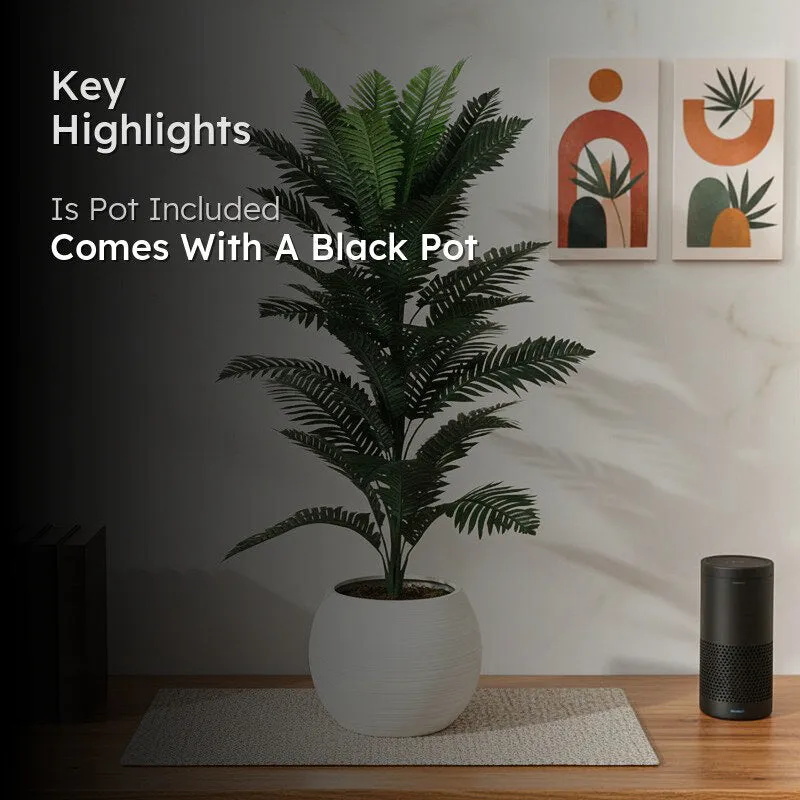 Artificial fern living room display with black overlay and feature text