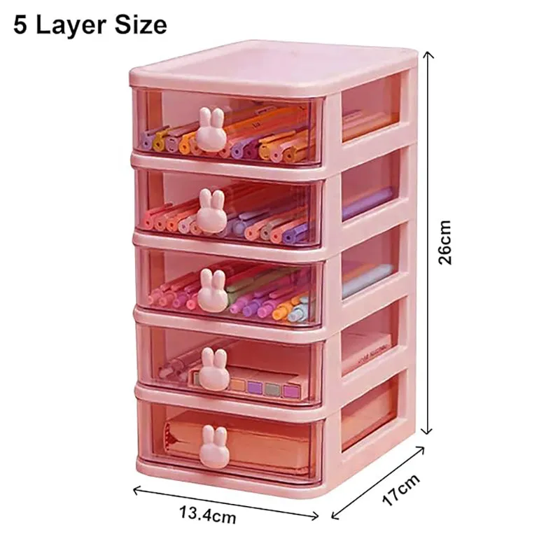 Front view of pink five-tier organiser with dimensions shown