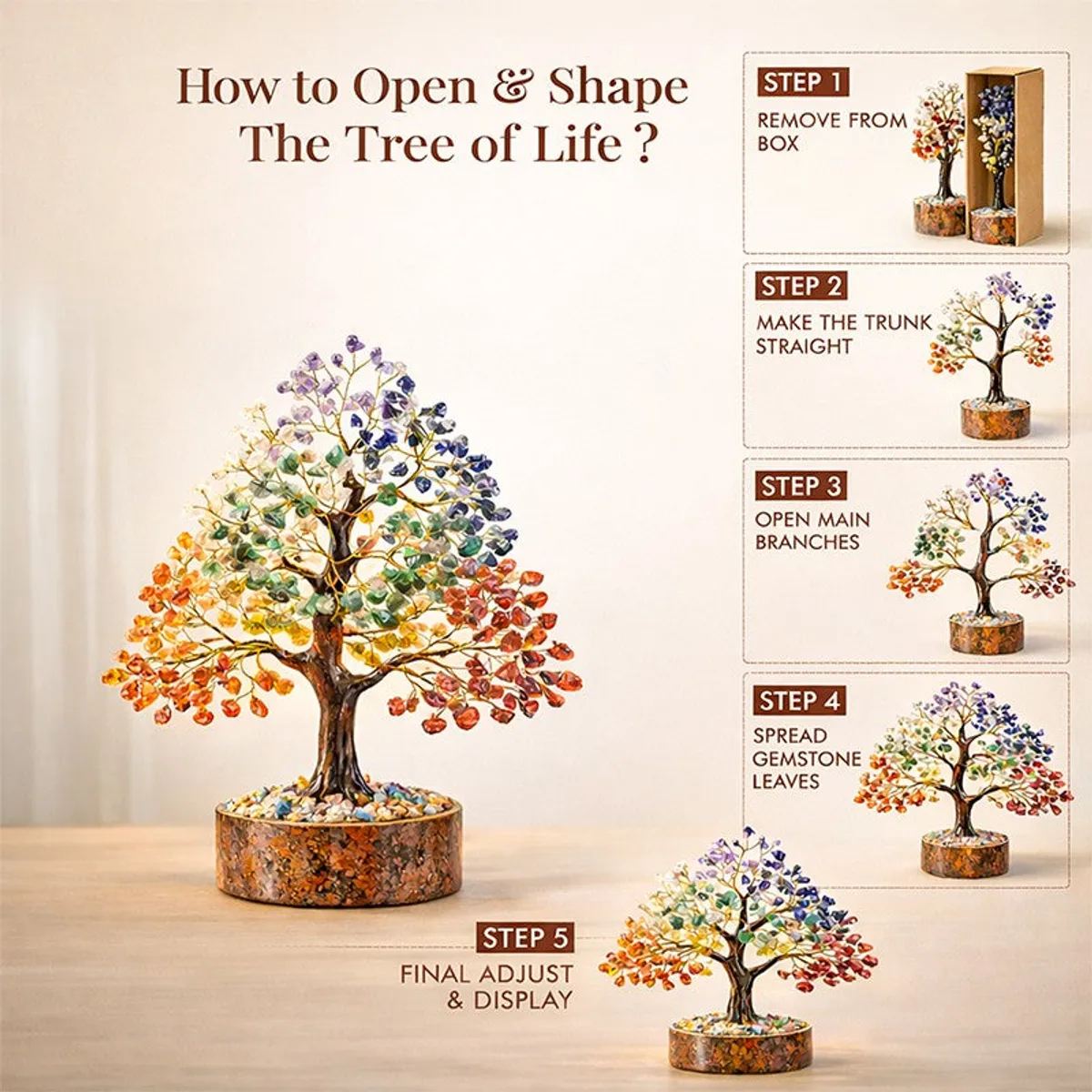 Decorative gemstone tree shown with step-by-step shaping visuals