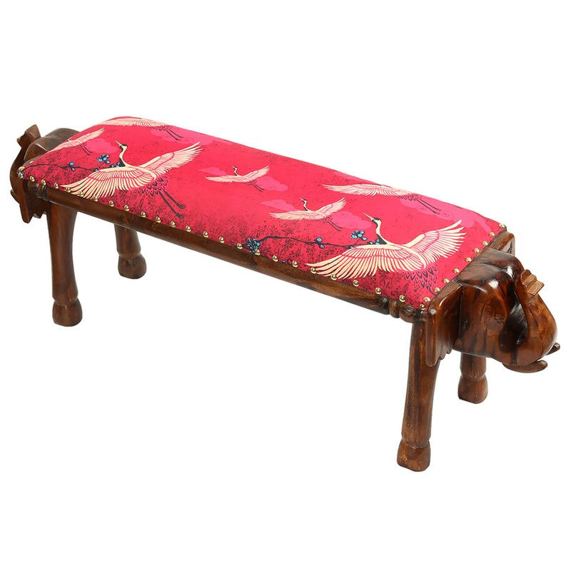 India Circus Acacia Wood Cranes Animal Wooden Bench media 4