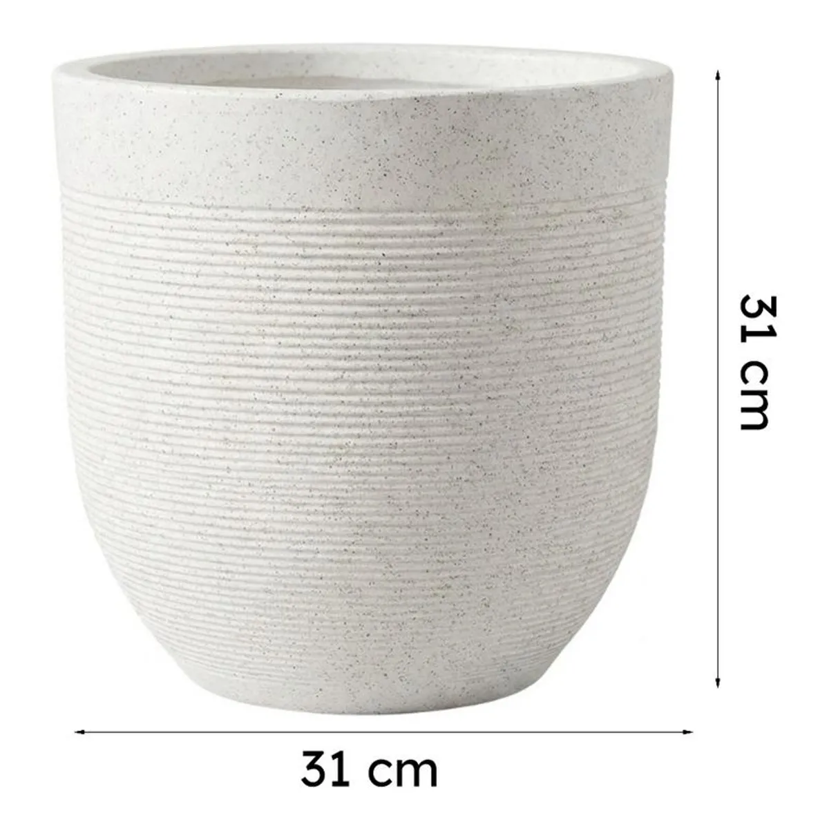 White cylindrical planter displayed with dimensions marked at 31 cm