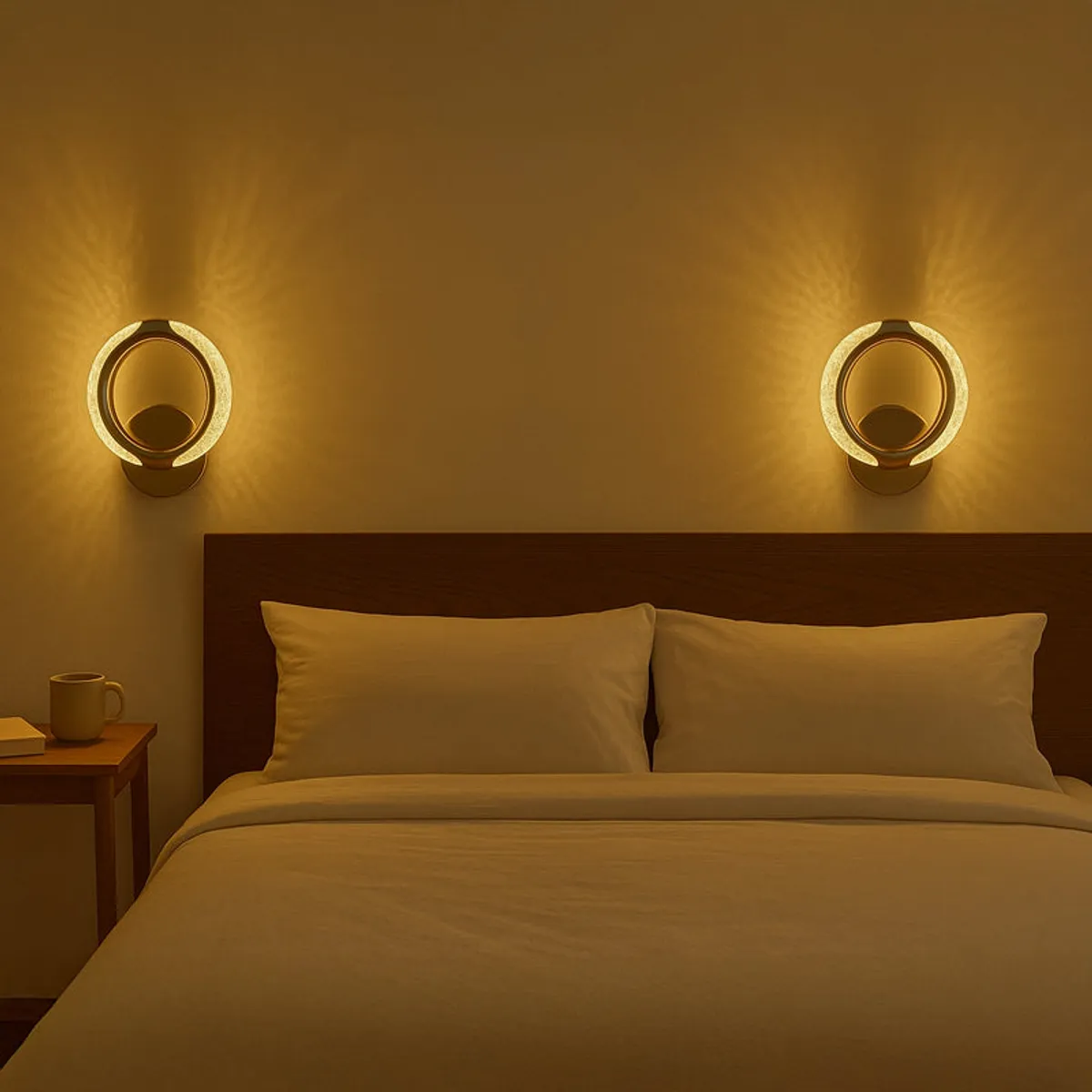 Two matching gold wall lamps glowing above a bed