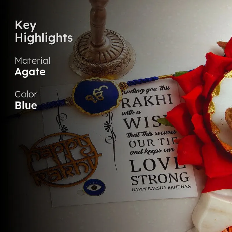 Ik Onkar Dark Blue Agate Rakhi Gift Set media 2