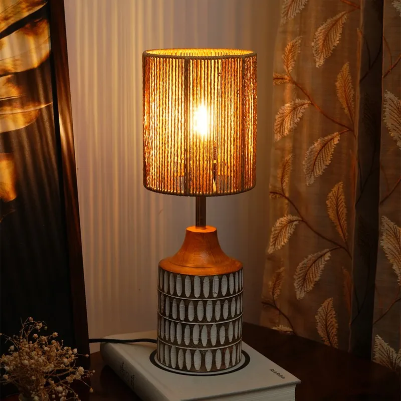 Ambercore Wooden Base Cotton Table Lamp - Beige media 1