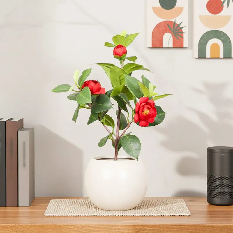 Artificial Red Rose Flower Plant With Black Fiber Pot - 1.2 Feet media 1