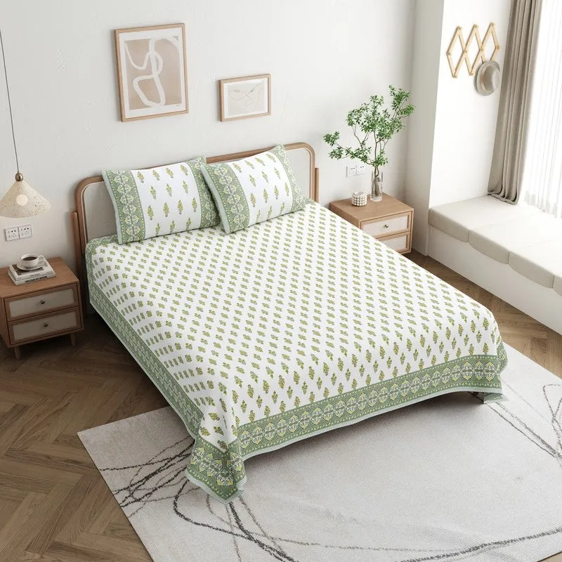 HeritagePetal Handblock Printed Cotton Bedsheet (Green) - 400 TC media 1