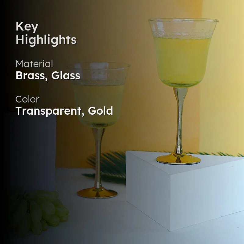 Sitarana Glass & Brass Goblet Wine Glass (Gold/350 mL) - Set Of Two media 2