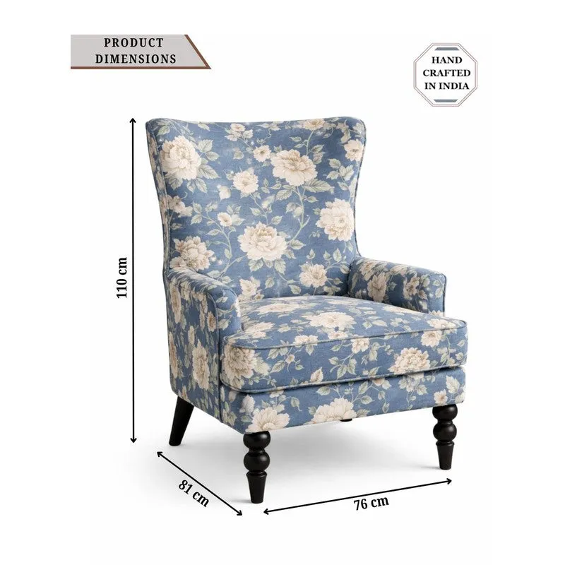 Vintage Blue Blossom Teak Wood & Velvet Printed Lounge Chair media 8