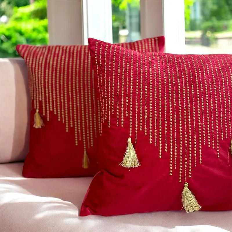 Needlecraft Embroidered Cotton Cushion Cover (Red) - Set Of Two media 3