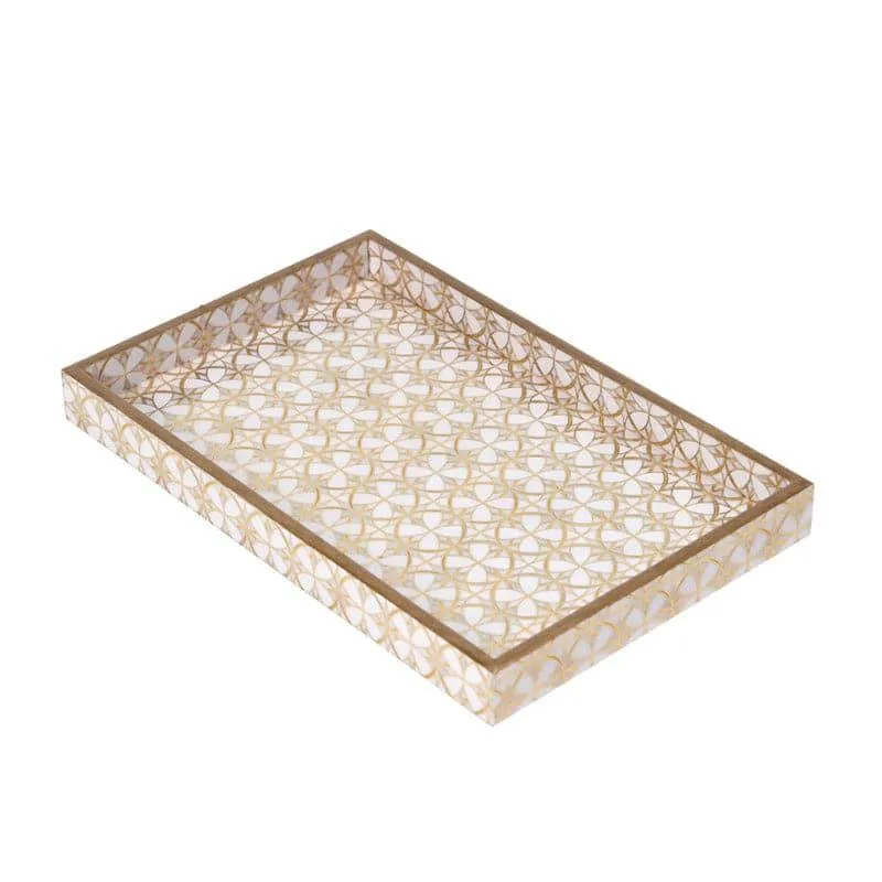 Angled view of a rectangular serving tray with raised edges and gold geometric detailing