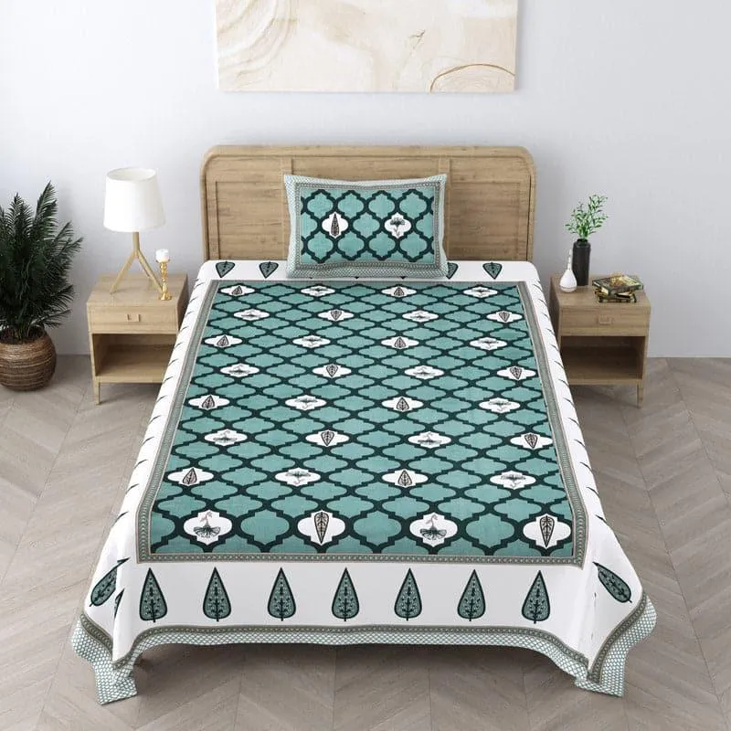 Ashima Printed Cotton Bedsheet (Sea Green) - 180 TC media 1