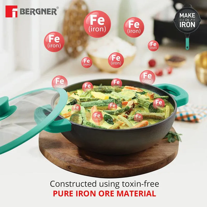 Bergner Cast Iron Kadhai With Lid - 3800 mL/11 Inches media 8