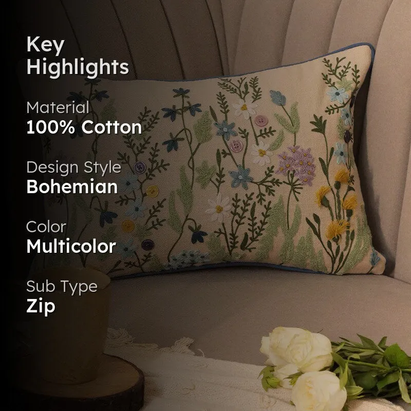 Leafy Trail Embroidered Cotton Cushion Cover media 2
