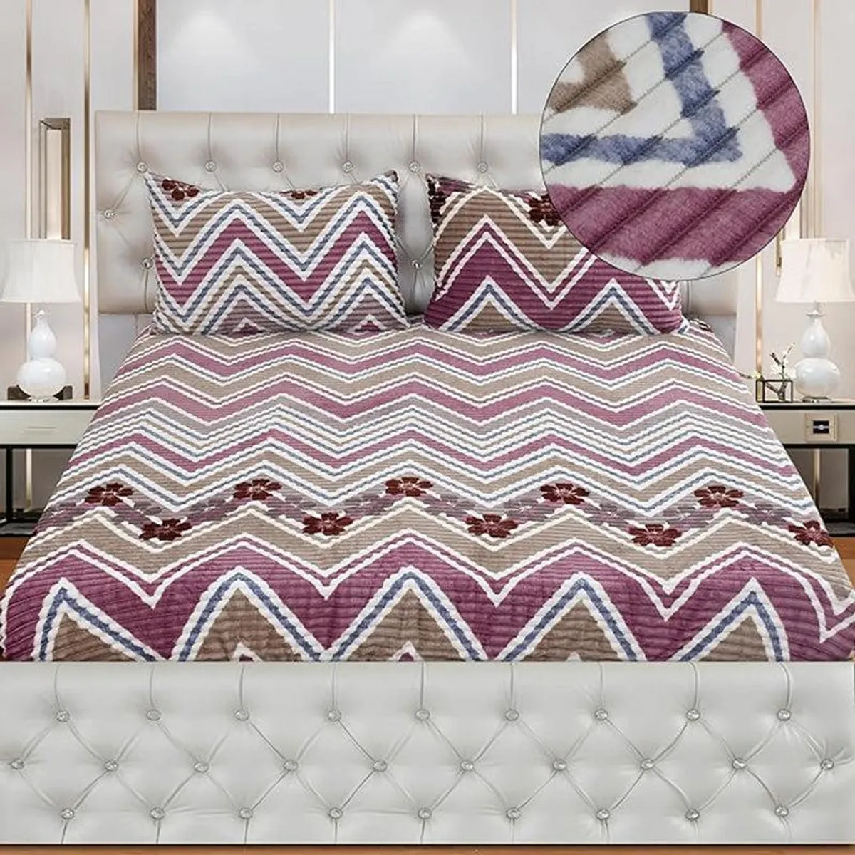 Zig-zag cotton flannel bedsheet shown on a bed with texture inset