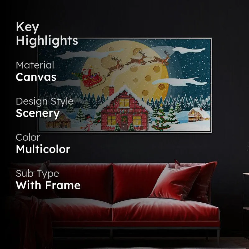 Winter Cottage At Night Landscape Canvas Wall Painting With Frame - White media 2