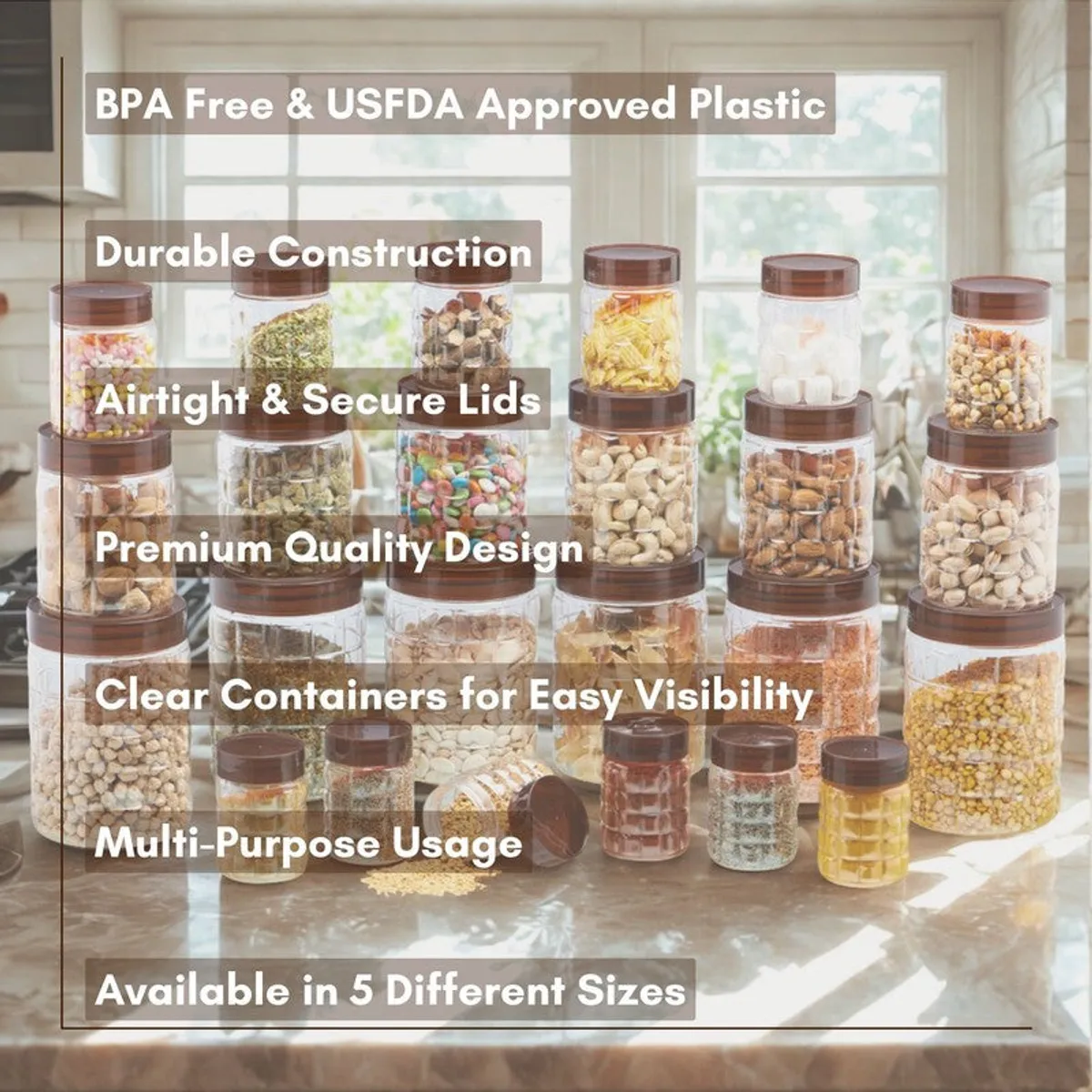 Transparent food storage containers with brown lids shown in a kitchen storage display.