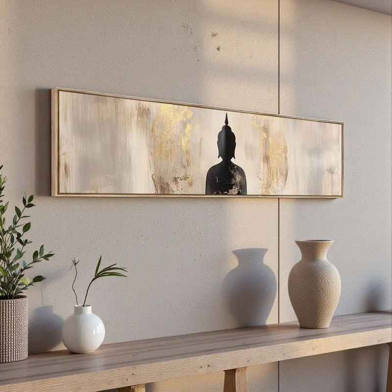 Shadow Of Gautama Spiritual Canvas Wall Art With Frame - Grey media 3