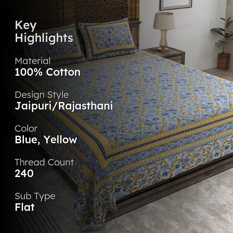 Bloomio Cotton Bedsheet (Blue,Yellow) - 240 TC media 2