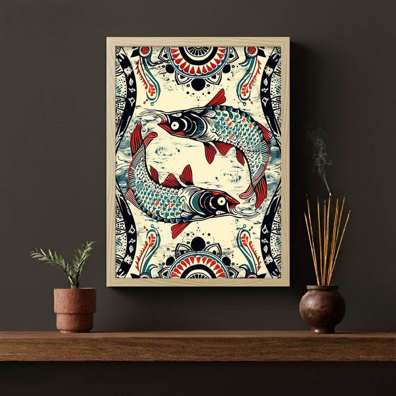 Fish Illustration Canvas Wall Painting With Brown Frame media 5