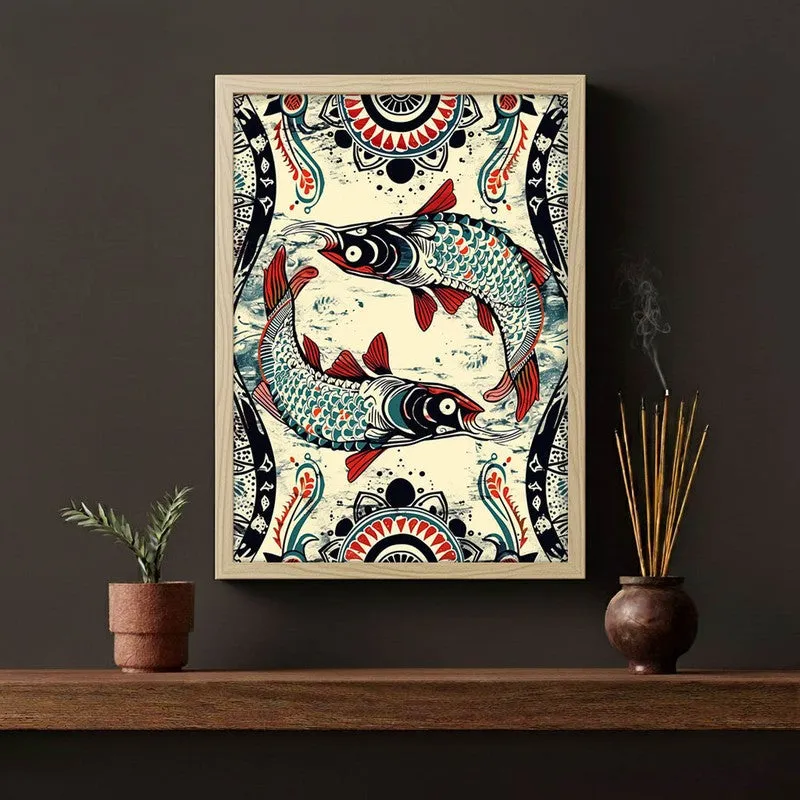 Fish Illustration Canvas Wall Painting With Brown Frame media 5