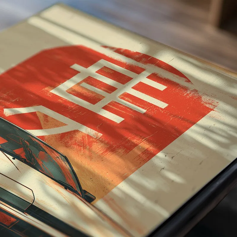 Close-up of a car poster with cream and red graphic background