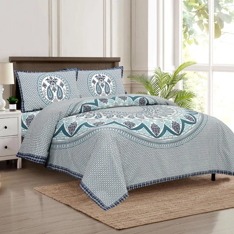 Trikaaya Ethnic Cotton Flat Bedsheet (White & Blue) - 160 TC media 1