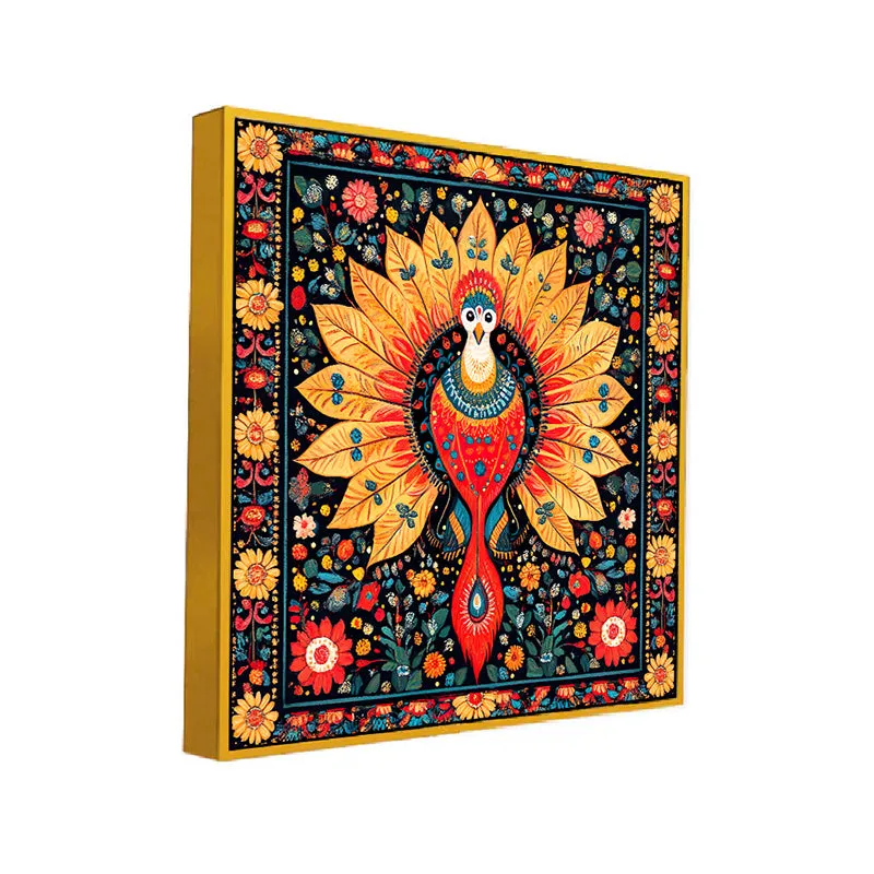 Peacock Trance Canvas Wall Painting With Frame - Gold media 3