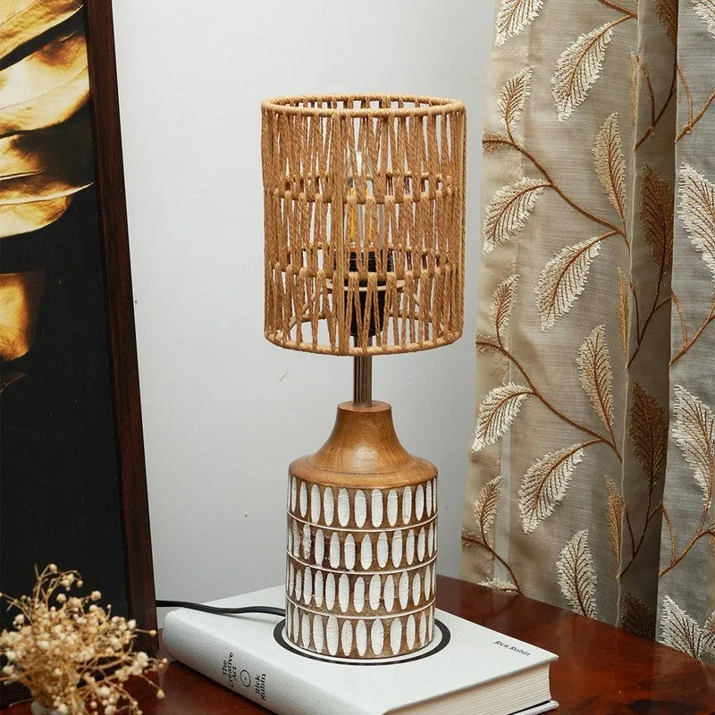 Canegrid Wooden Base Cotton Table Lamp - Beige media 3