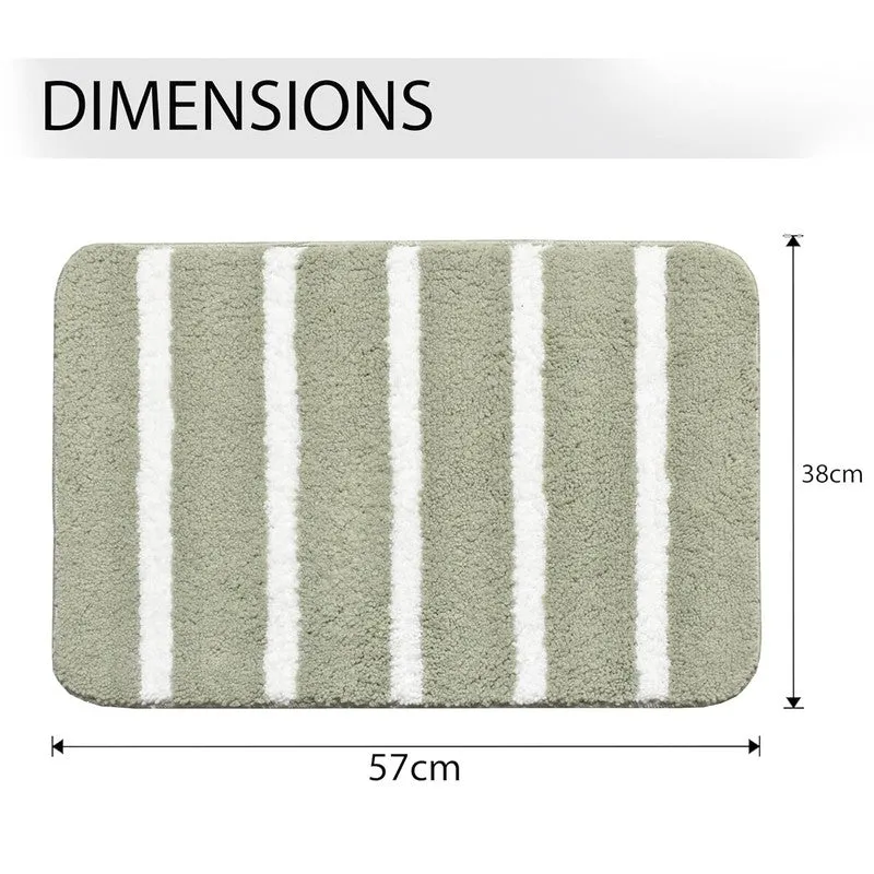 Top view of a green and white striped rectangular bath mat