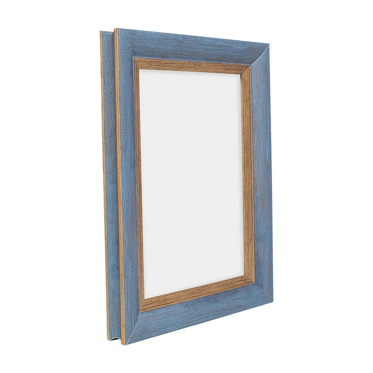 Angled side view showing the depth of the blue and brown photo frame