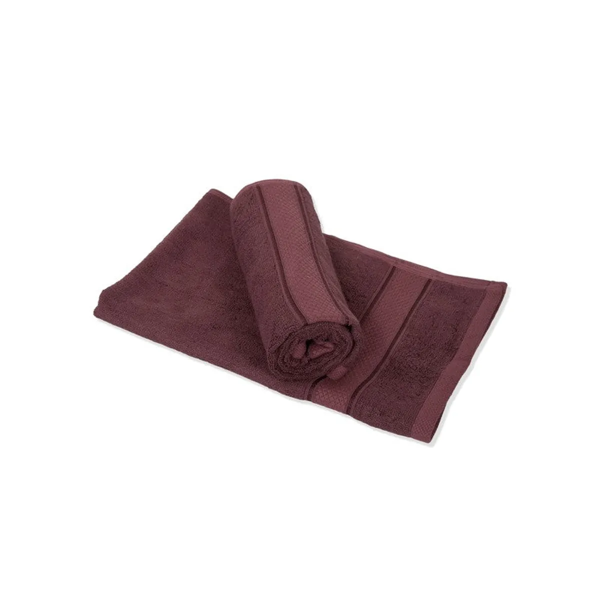 Purple hand towel rolled and laid over another towel