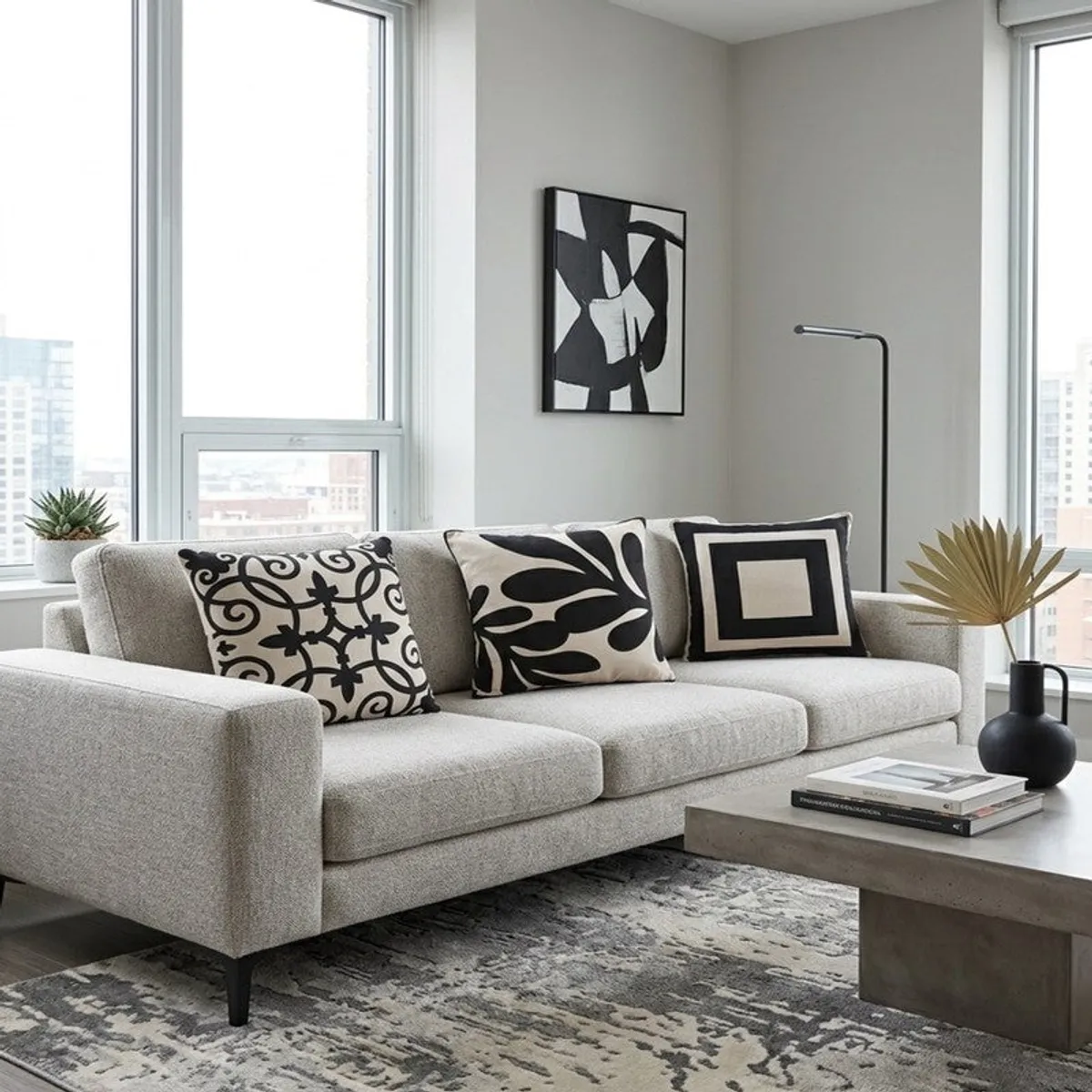Three patterned cushion covers arranged on a modern grey sofa
