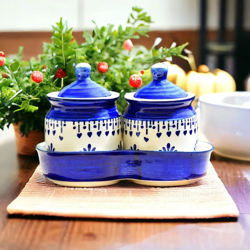 Sabai Ceramic Jar With Tray (Blue/225 mL) - Three Piece Set media 5