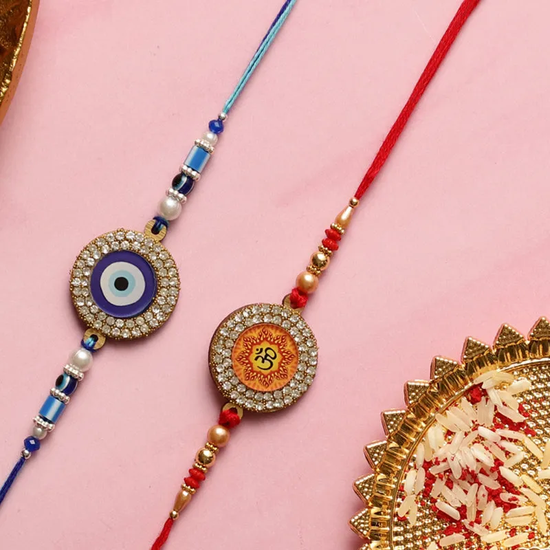 Aum & Nazar Rakhi with Roli Chawal - Three Piece Set media 3