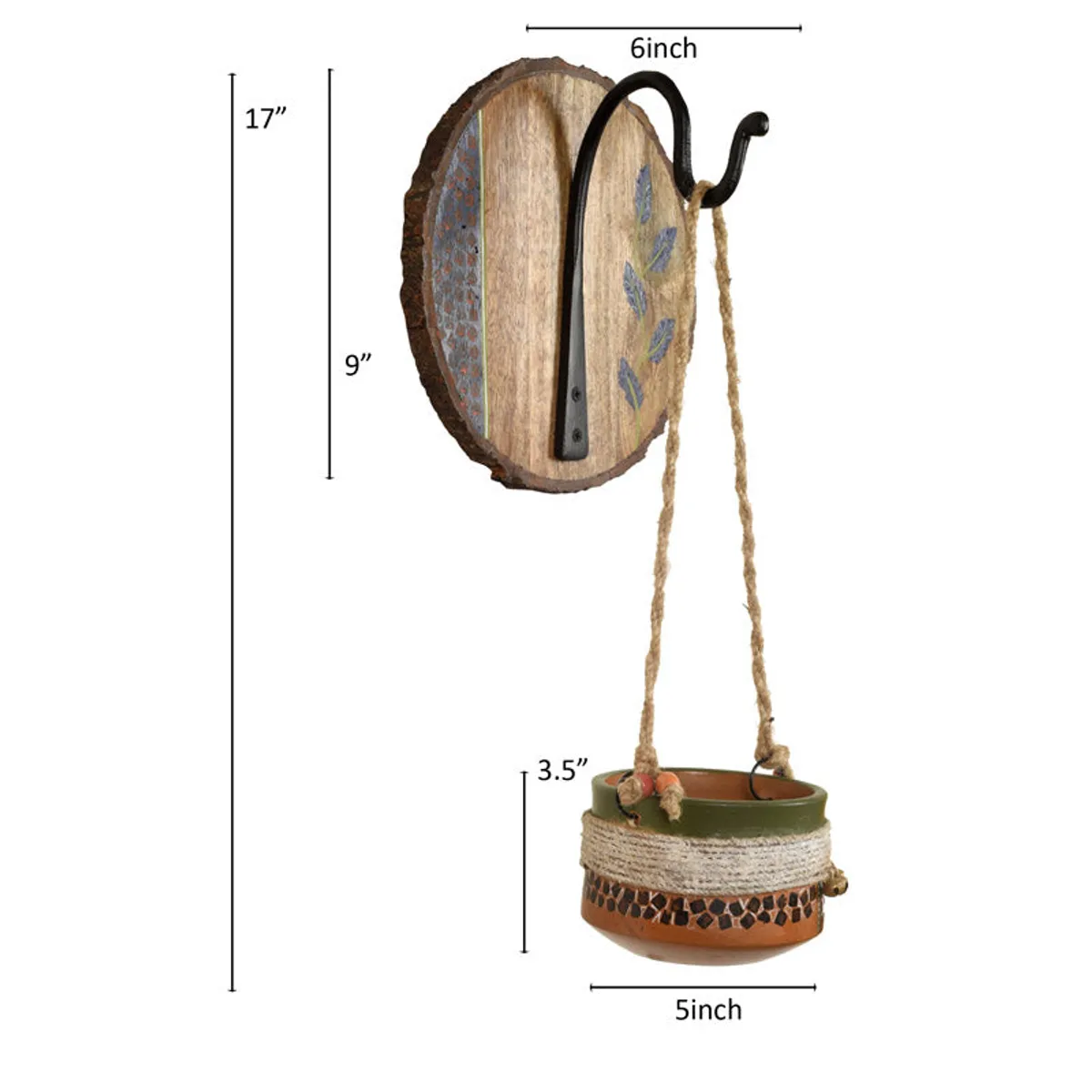 Hanging planter shown with printed dimension markings on a white background