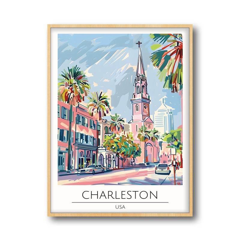 Vintage Charleston Framed Canvas Archival Canvas Wall Painting - Natural Brown Frame media 5