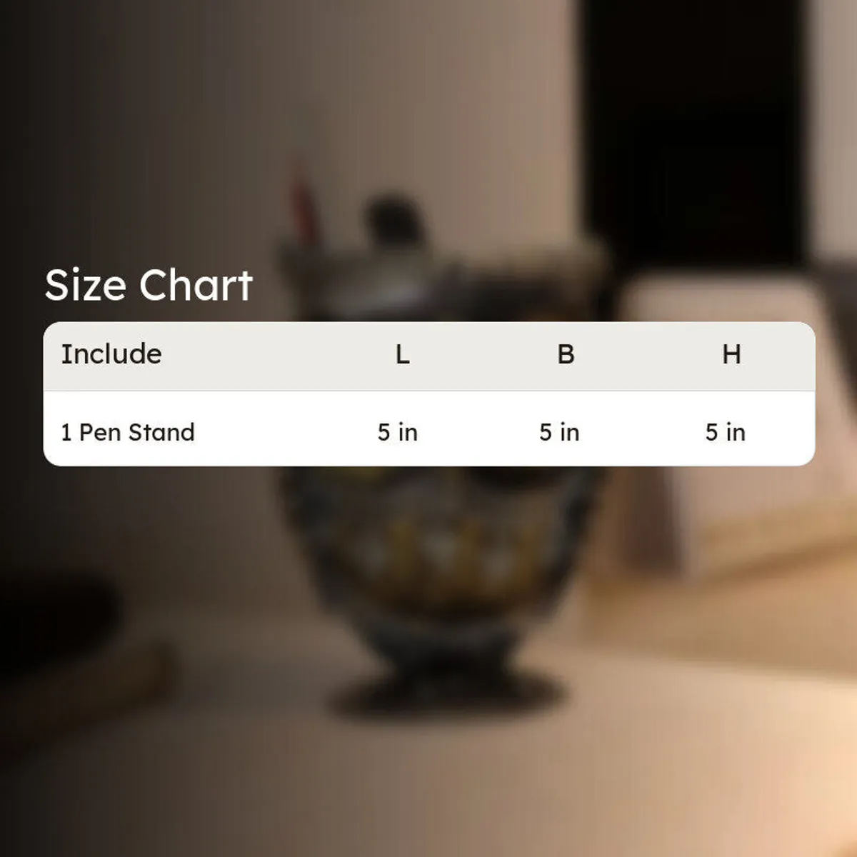 Owl pen stand shown on a desk in a product size image