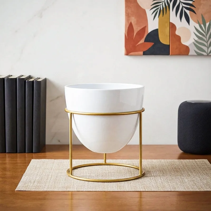 Trudene Metal Pot With Stand - White & Gold media 1