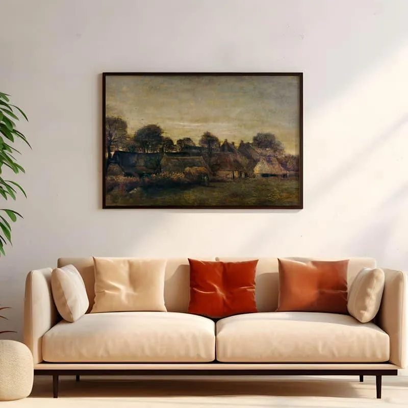 Farming Village At Twilight Canvas Wall Art - Black Frame media 1